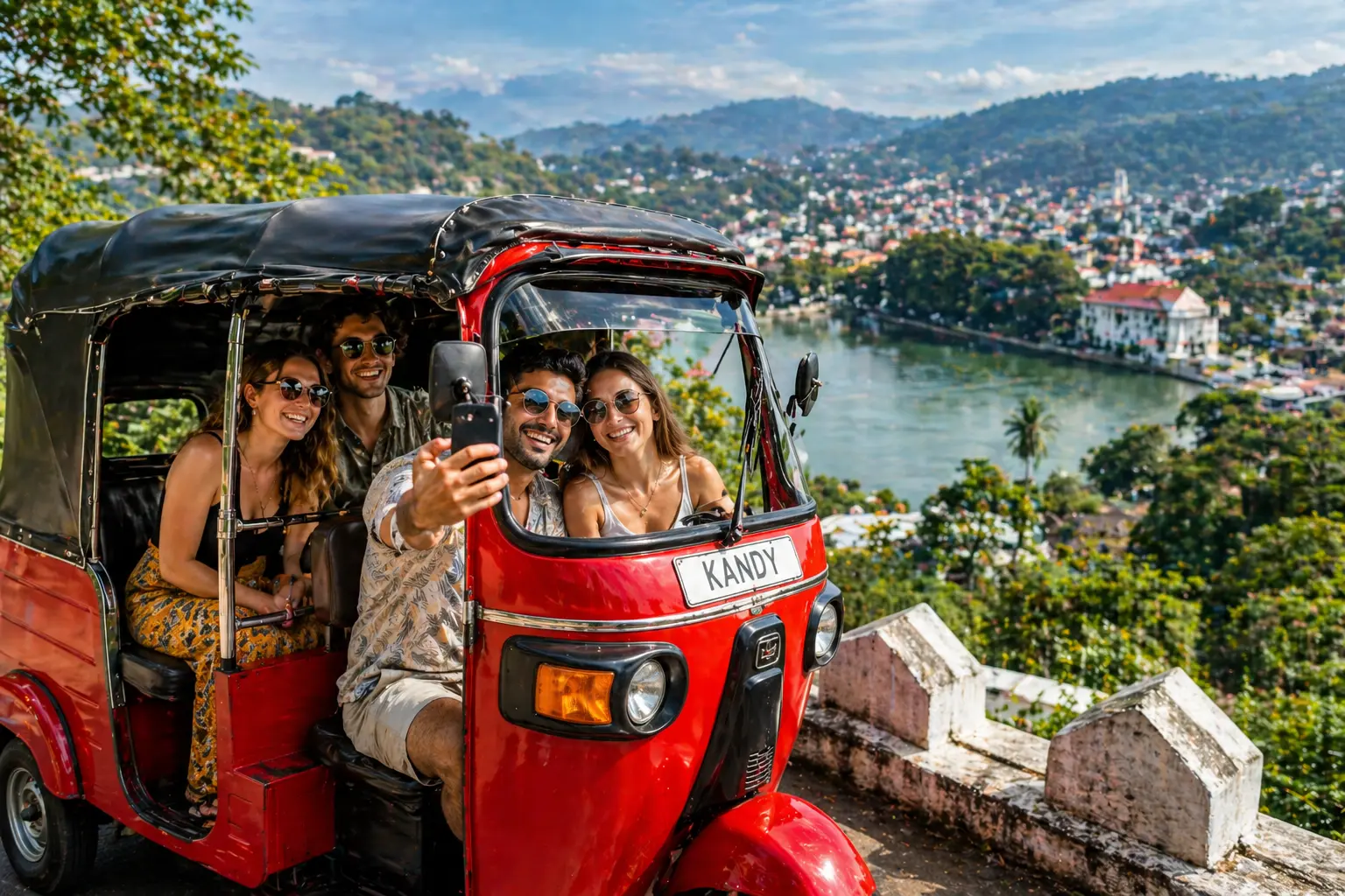 Happy tourists enjoying a tuk tuk ride